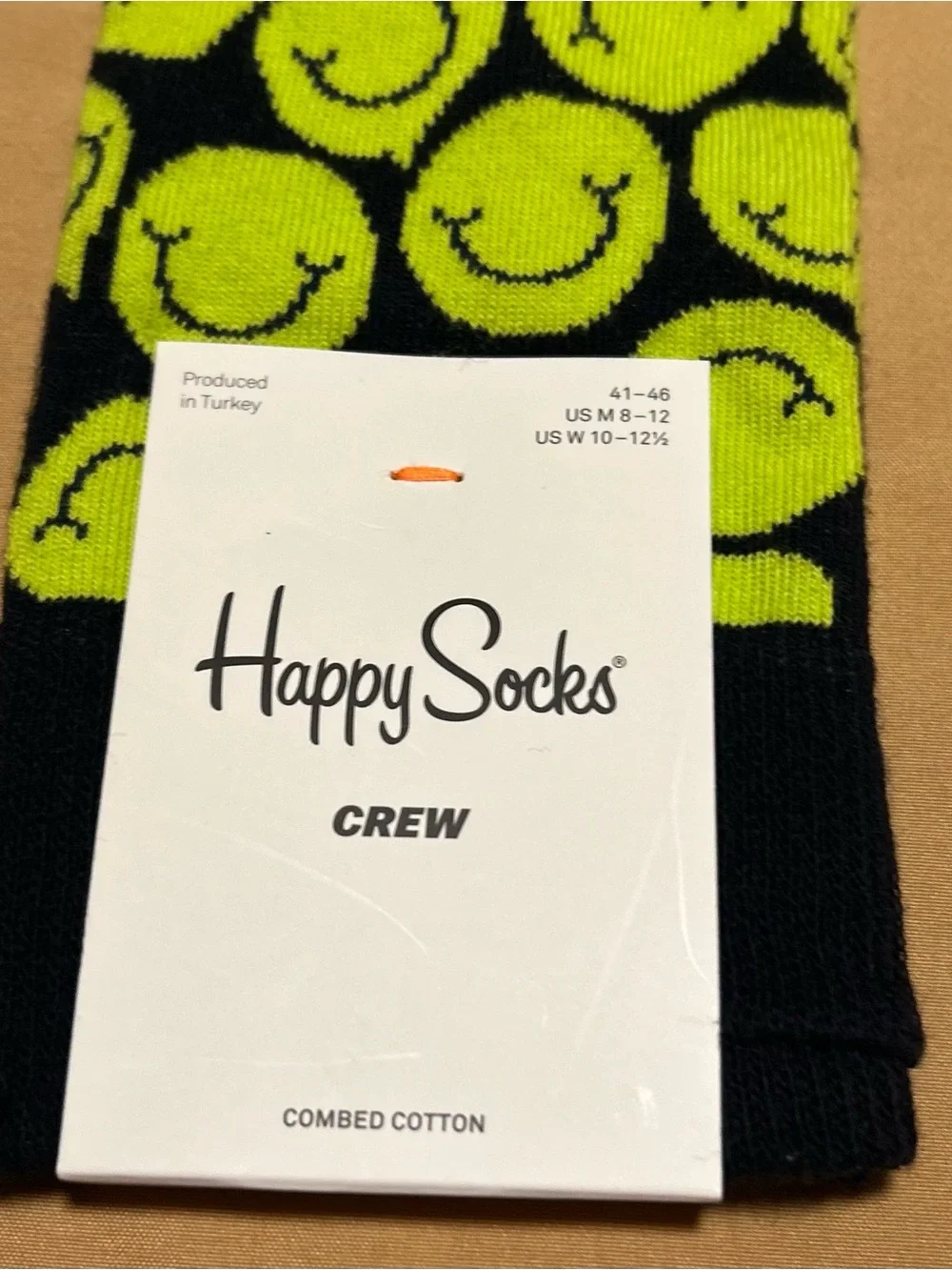 Happy Socks Black & Neon Green Smiley Pattern Crew Socks